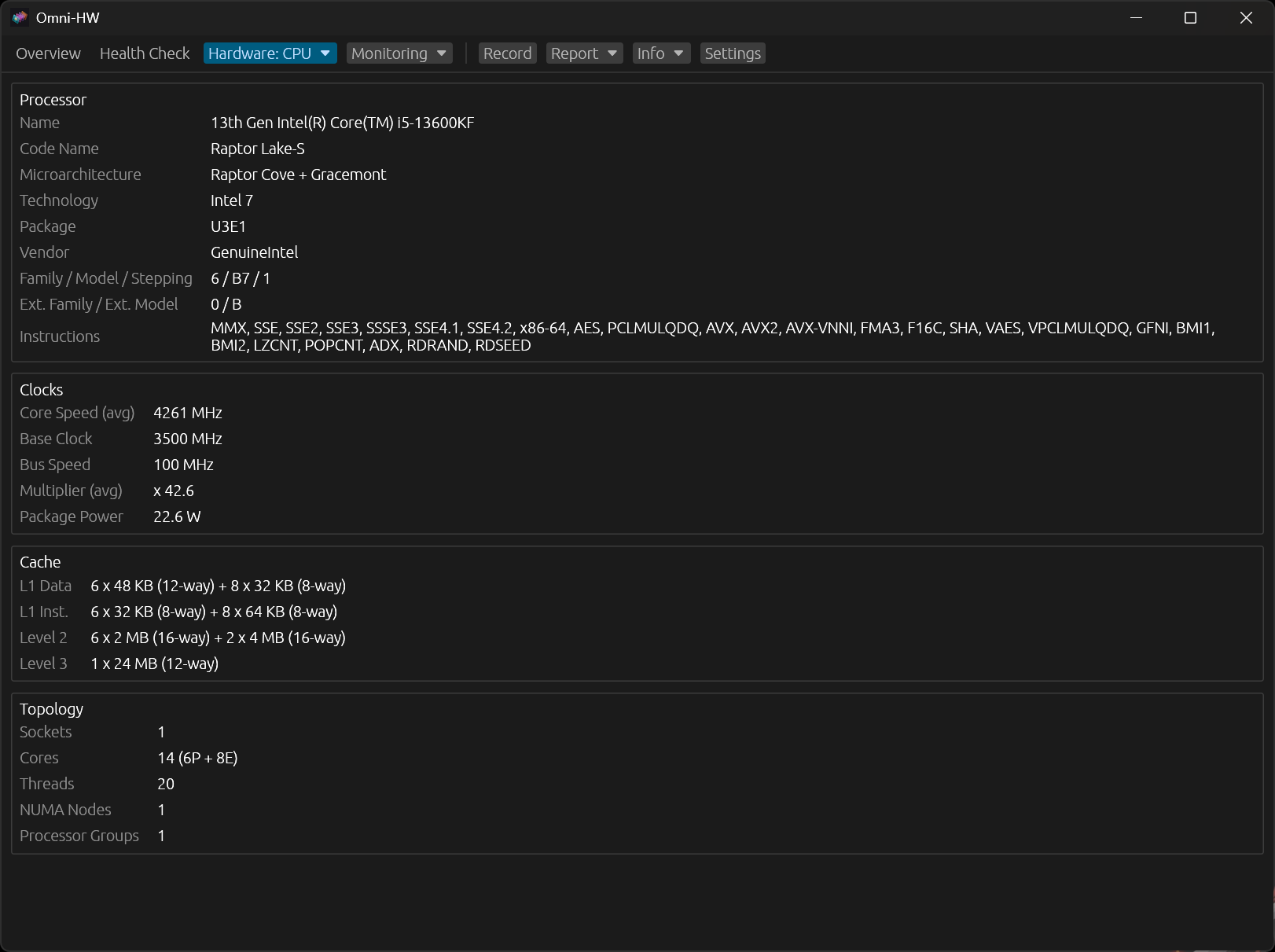 CPU details page with processor, clocks, cache and topology